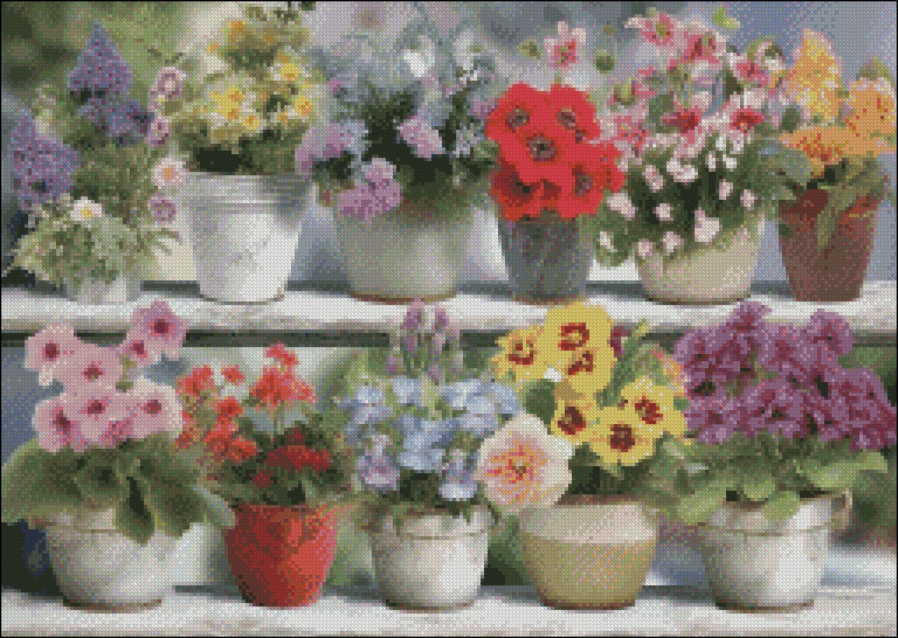 Flowering Pots - Counted Cross Stitch Patterns Embroidery Crafts Needlework DIY Chart DMC Color