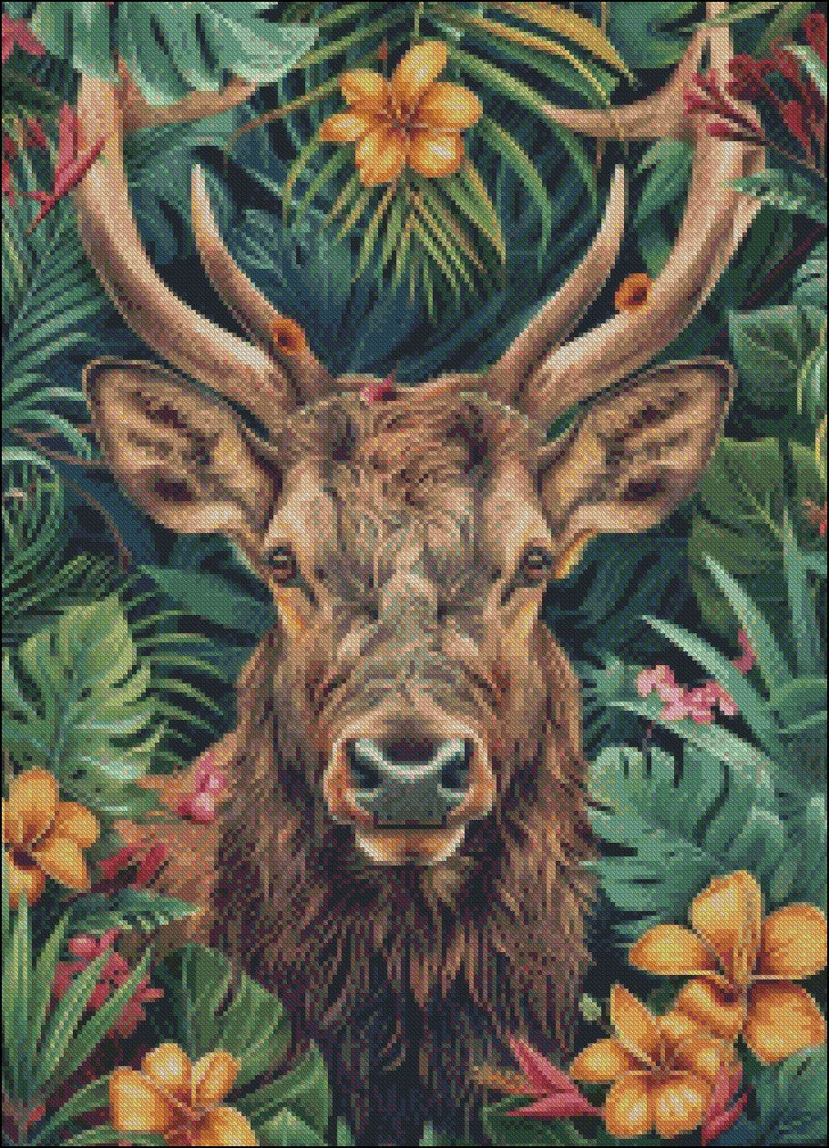 Bull Elk Face Flowers - Counted Cross Stitch Patterns Embroidery Crafts Needlework DIY Chart DMC Color