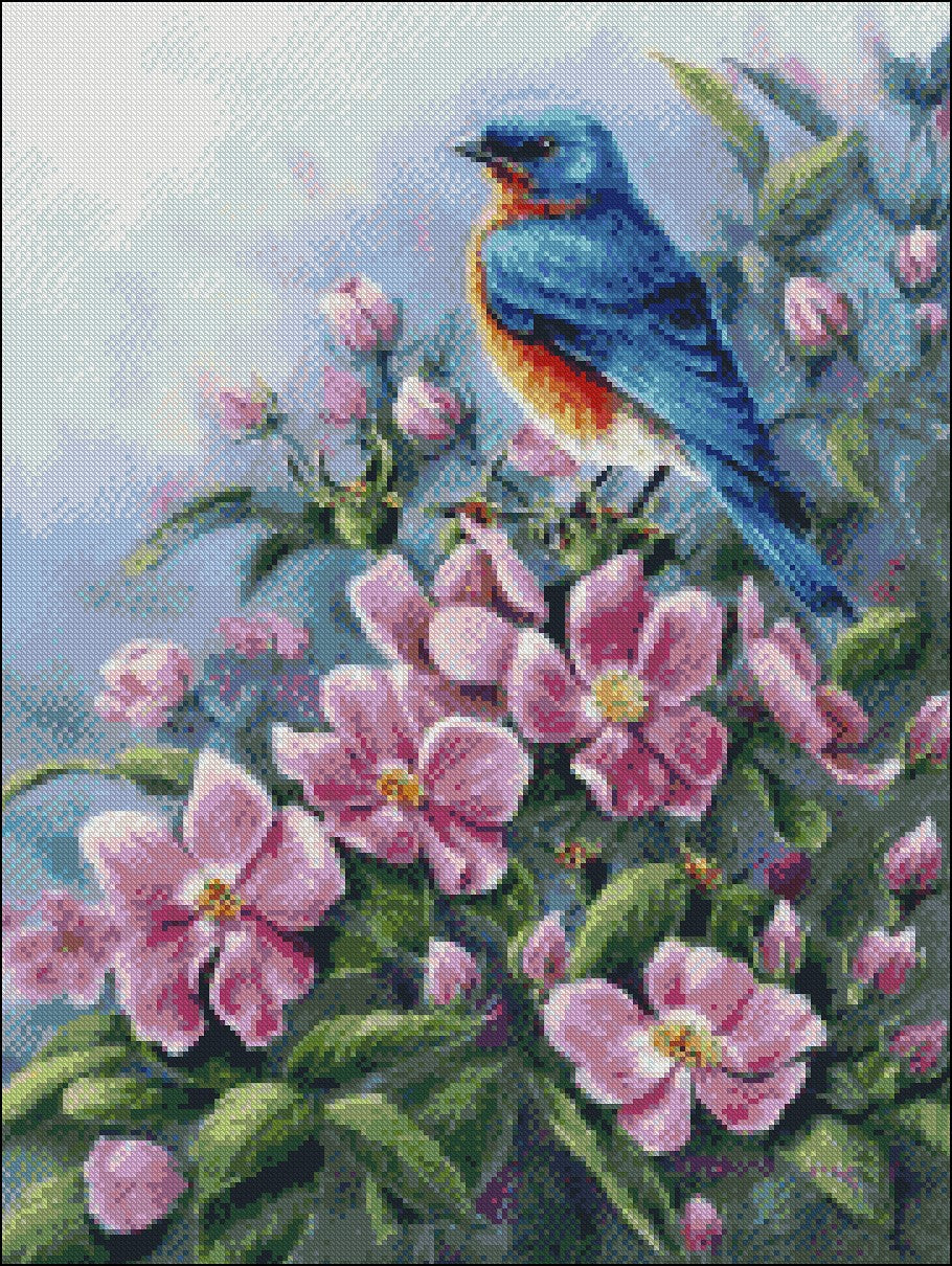 Blue Bird and Wild Roses - Counted Cross Stitch Patterns Embroidery Crafts Needlework DIY Chart DMC Color