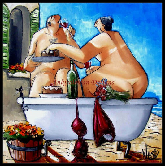 Couple Bathing - Counted Cross Stitch Patterns Embroidery Crafts Needlework DIY Chart DMC Color