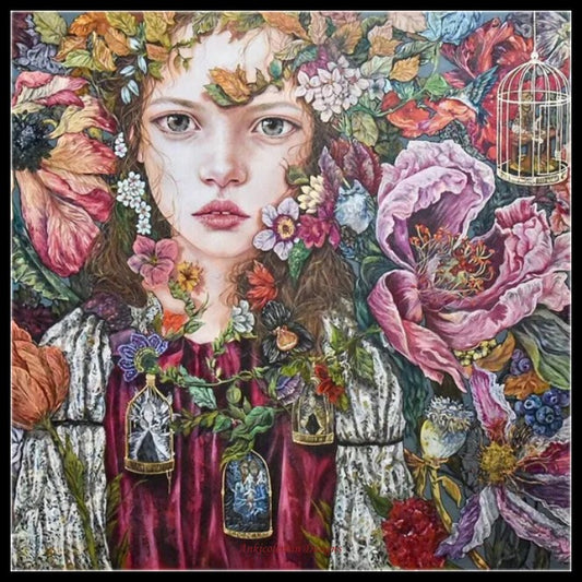 Girl with Flowers 18 - Counted Cross Stitch Patterns Embroidery Crafts Needlework DIY Chart DMC Color