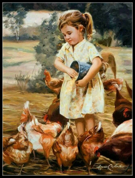 Little Girl Feeding Chickens - Counted Cross Stitch Patterns Embroidery Crafts Needlework DIY Chart DMC Color