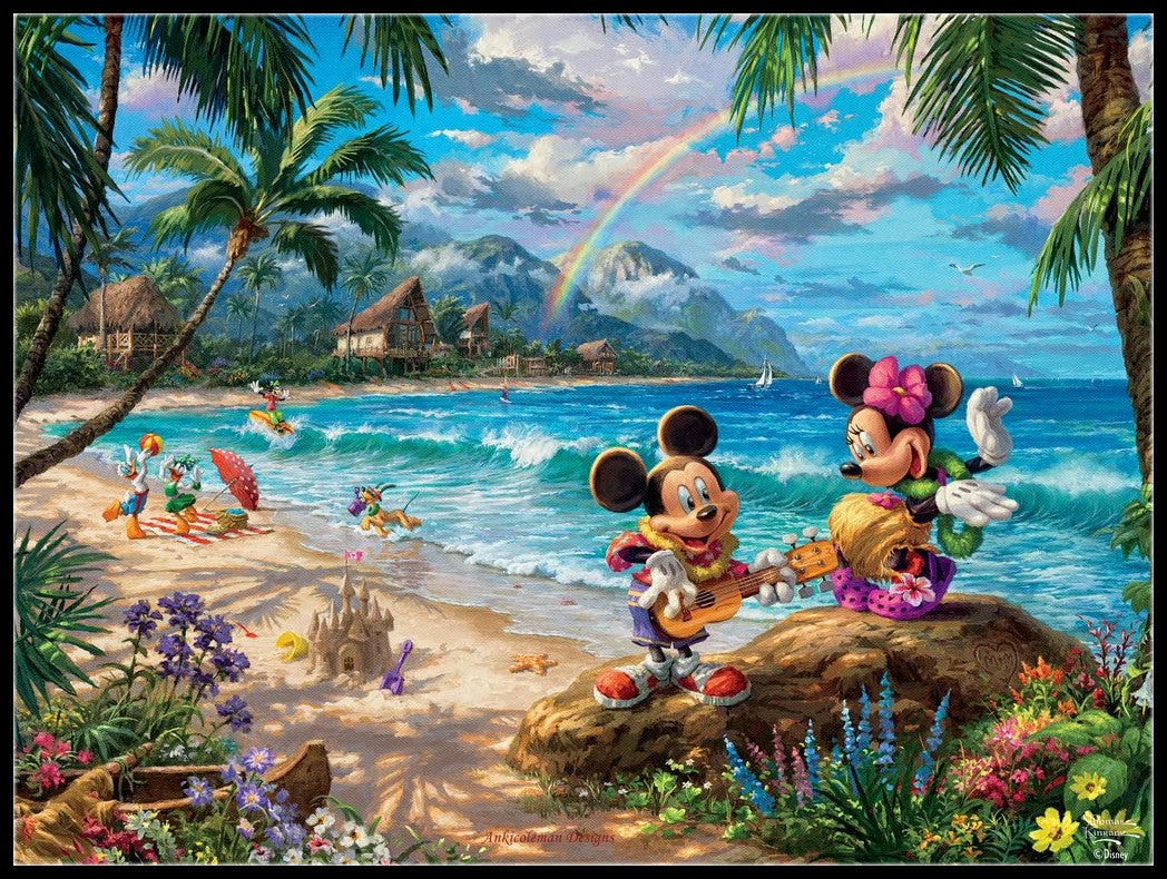 Mickey and Minnie on the beach in Hawaii - Counted Cross Stitch Patterns Embroidery Crafts Needlework DIY Chart DMC Color