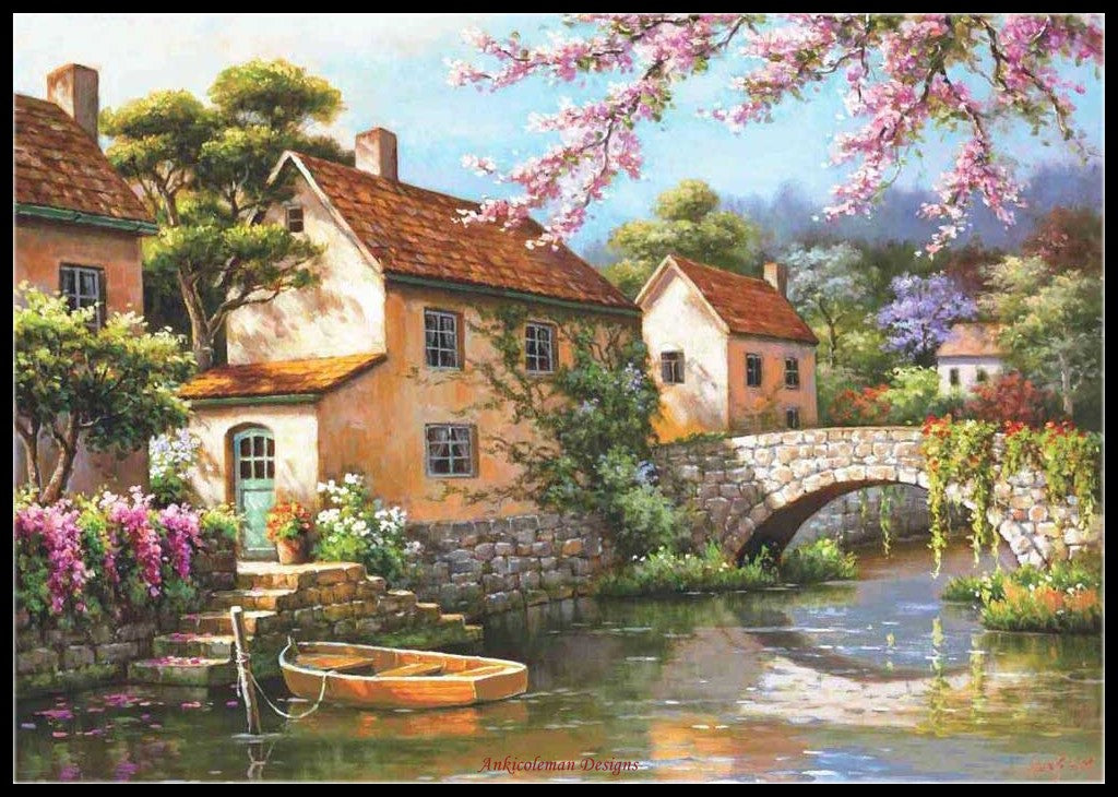 Country Village Canal - Counted Cross Stitch Patterns Embroidery Crafts Needlework DIY Chart DMC Color