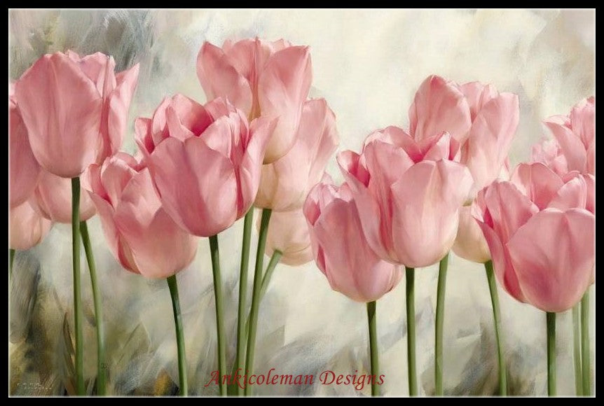 Pink Tulip Flowers - Counted Cross Stitch Patterns Embroidery Crafts Needlework DIY Chart DMC Color