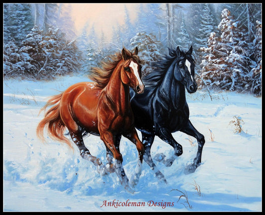 Double Horse - Counted Cross Stitch Patterns Embroidery Crafts Needlework DIY Chart DMC Color