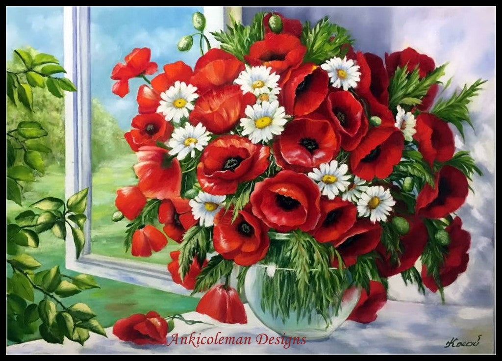 Poppies on Window - Counted Cross Stitch Patterns Embroidery Crafts Needlework DIY Chart DMC Color