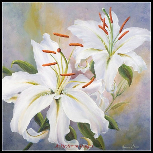 White Lilies - Counted Cross Stitch Patterns Embroidery Crafts Needlework DIY Chart DMC Color