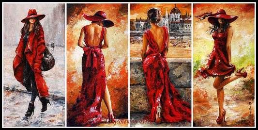 Lady in Red - Counted Cross Stitch Patterns Embroidery Crafts Needlework DIY Chart DMC Color