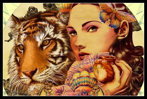 Tiger and Beauty - Counted Cross Stitch Patterns Embroidery Crafts Needlework DIY Chart DMC Color