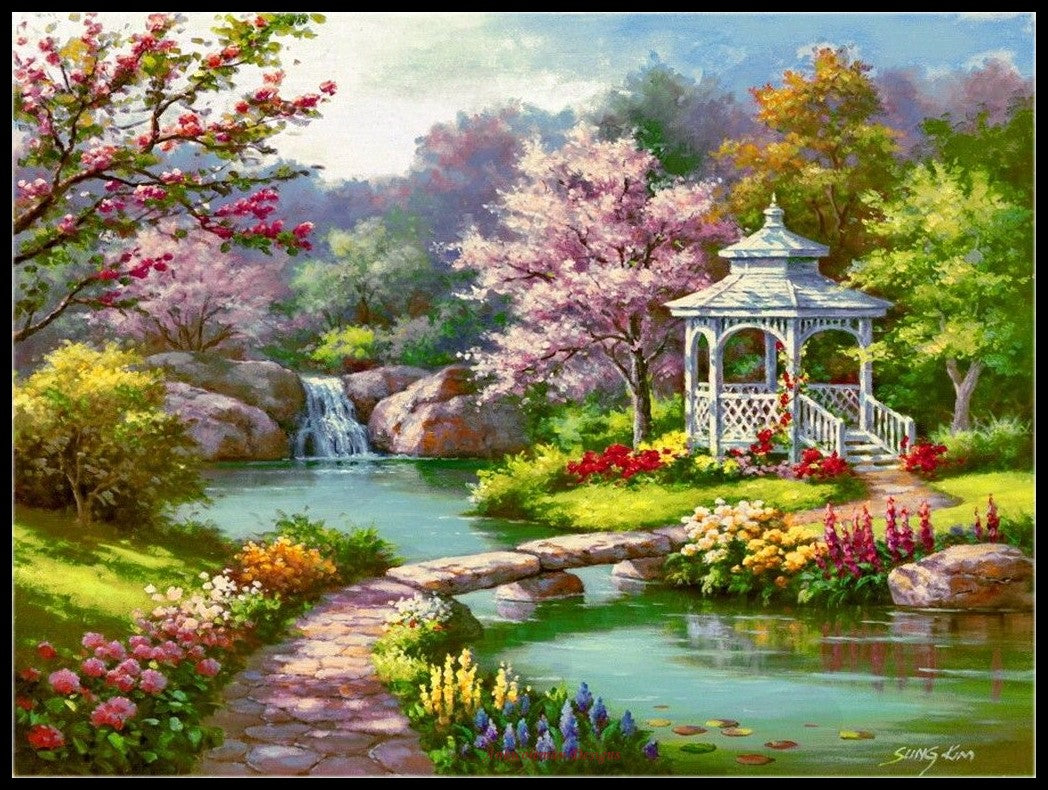 Gazebo in Spring Park - Counted Cross Stitch Patterns Embroidery Crafts Needlework DIY Chart DMC Color