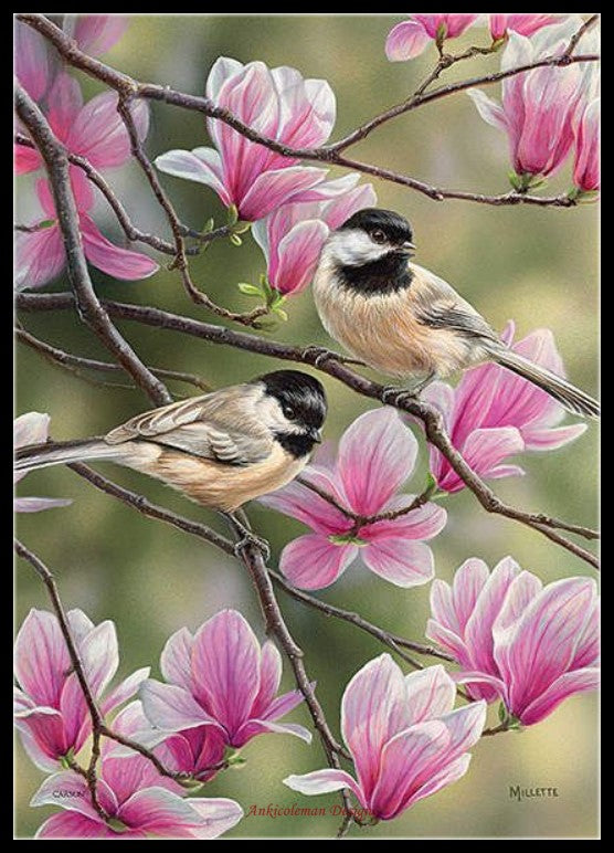 Springtime Chickadee - Counted Cross Stitch Patterns Embroidery Crafts Needlework DIY Chart DMC Color