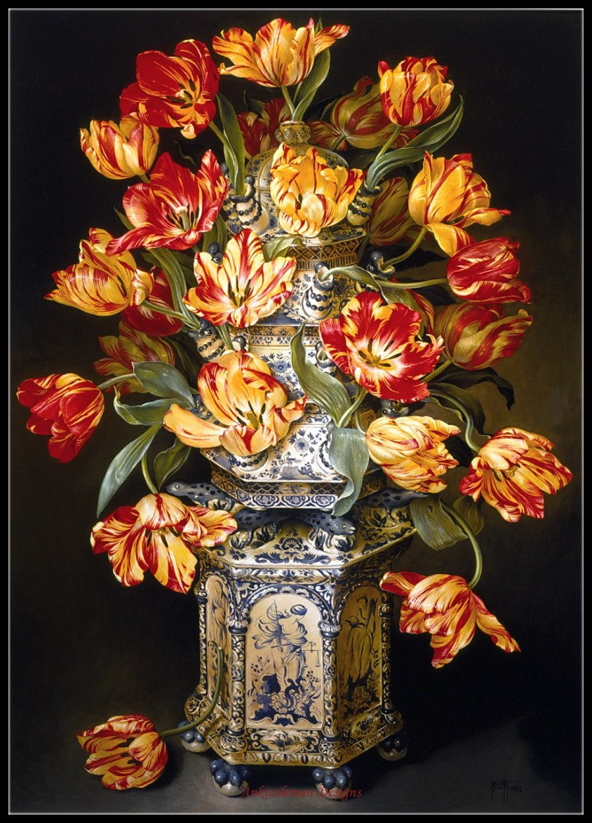 Dutch Tulip Vase 2 - Counted Cross Stitch Patterns Embroidery Crafts Needlework DIY Chart DMC Color