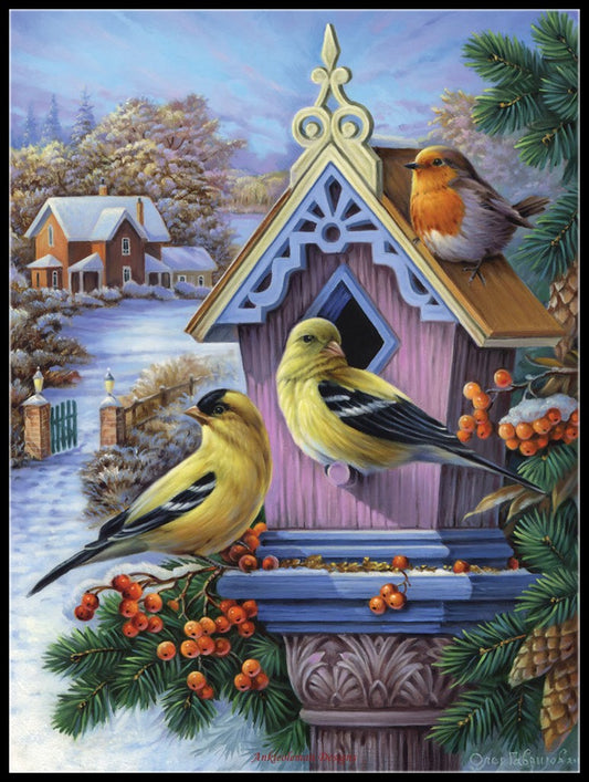 Goldfinches and First Snow - Counted Cross Stitch Patterns Embroidery Crafts Needlework DIY Chart DMC Color