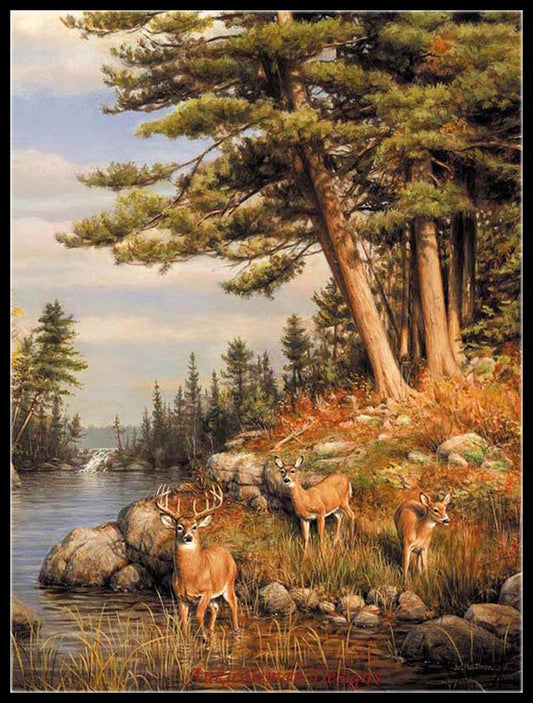 Deer and Pines - Counted Cross Stitch Patterns Embroidery Crafts Needlework DIY Chart DMC Color