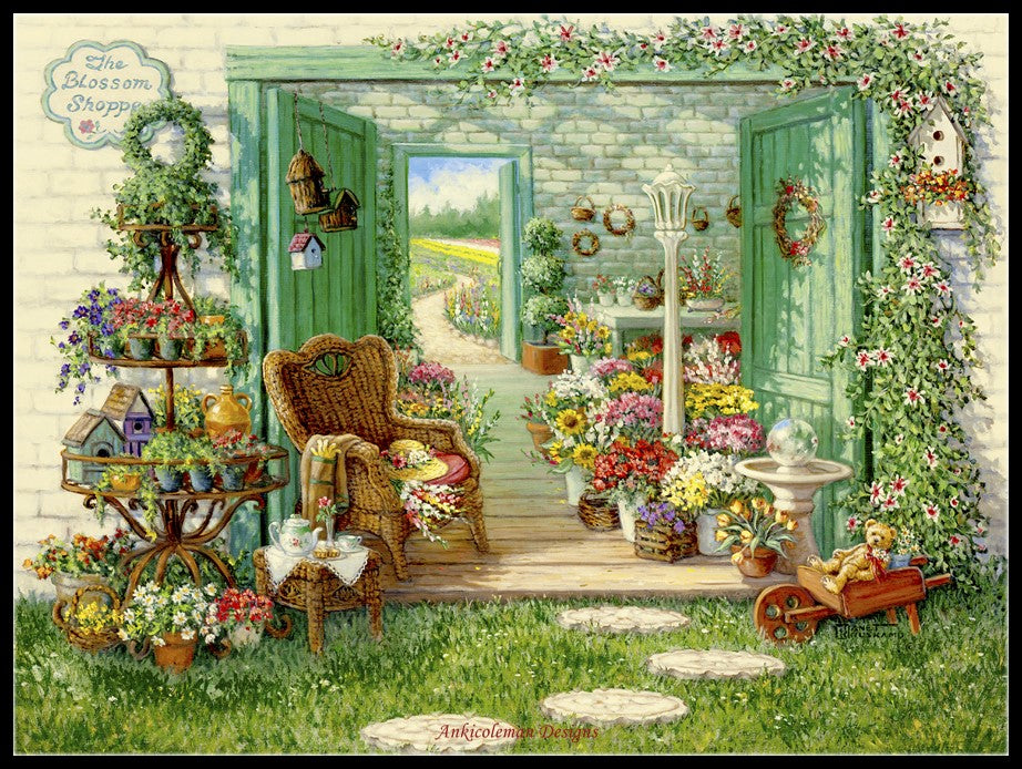 A Blossom Shop - Counted Cross Stitch Patterns Embroidery Crafts Needlework DIY Chart DMC Color