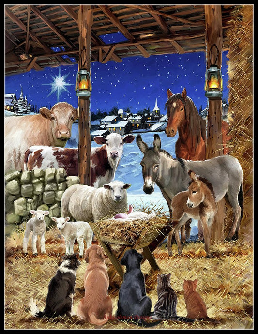 Animals in Manger - Counted Cross Stitch Patterns Embroidery Crafts Needlework DIY Chart DMC Color