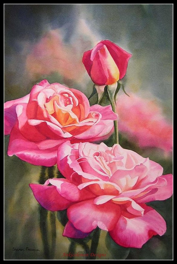 Blushing Roses with Bud - Counted Cross Stitch Patterns Embroidery Crafts Needlework DIY Chart DMC Color