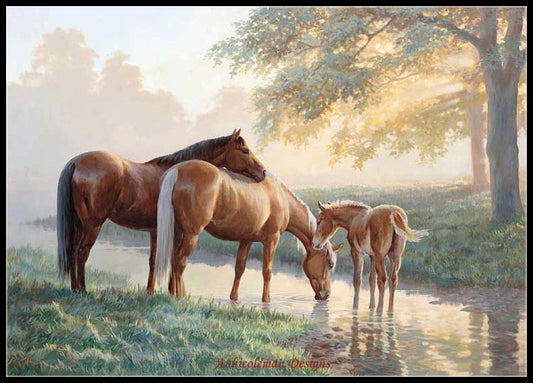 Horses in Morning - Counted Cross Stitch Patterns Embroidery Crafts Needlework DIY Chart DMC Color