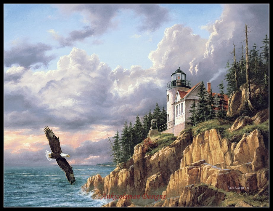 Bass Harbor Head Lighthouse - Counted Cross Stitch Patterns Embroidery Crafts Needlework DIY Chart DMC Color