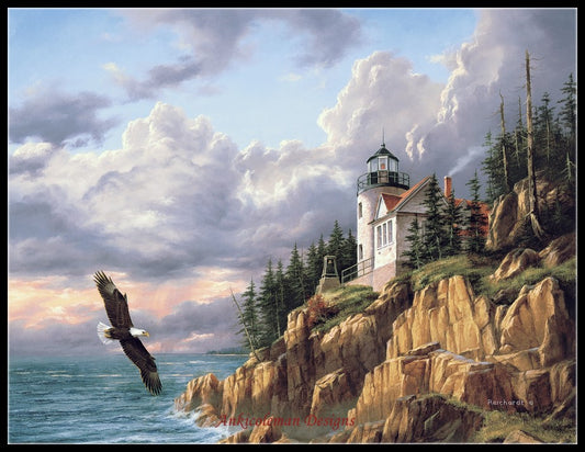 Bass Harbor Head Lighthouse - Counted Cross Stitch Patterns Embroidery Crafts Needlework DIY Chart DMC Color