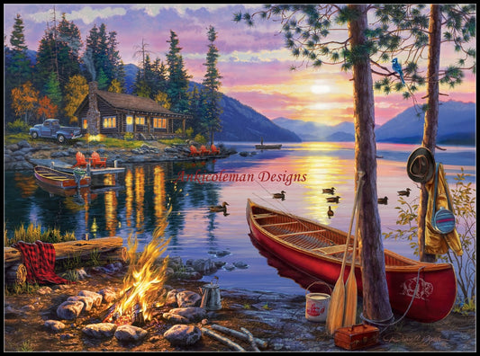 Canoe Lake - Counted Cross Stitch Patterns Embroidery Crafts Needlework DIY Chart DMC Color