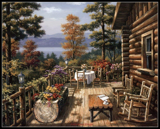 Log Cabin Porch - Counted Cross Stitch Patterns Embroidery Crafts Needlework DIY Chart DMC Color