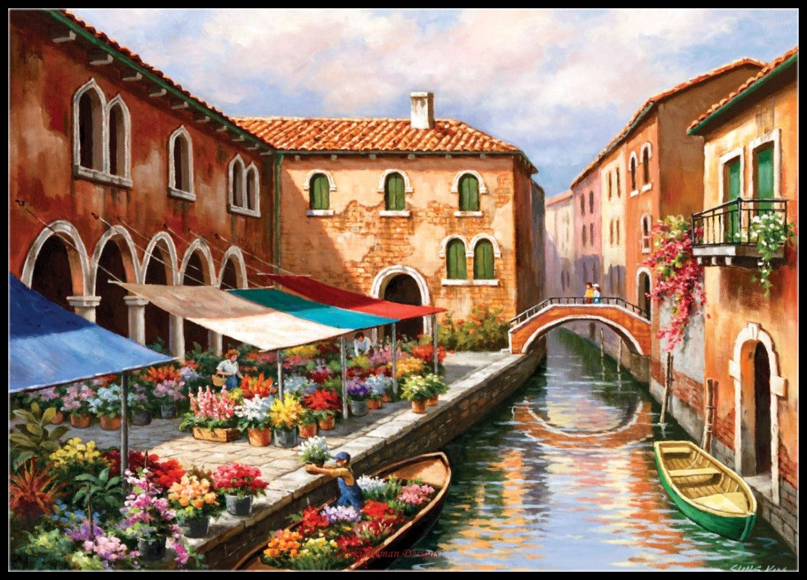 Flower Market on the Canal - Counted Cross Stitch Patterns Embroidery Crafts Needlework DIY Chart DMC Color