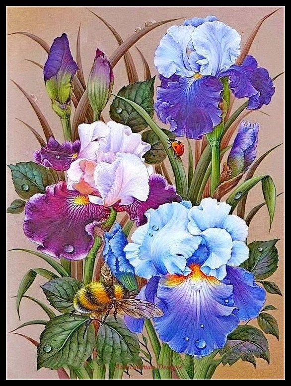 Iris and Wasp - Counted Cross Stitch Patterns Embroidery Crafts Needlework DIY Chart DMC Color