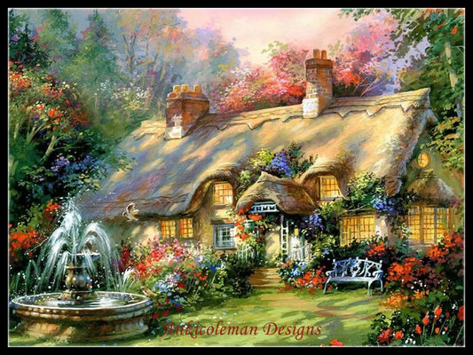 Country House with Fountain - Counted Cross Stitch Patterns Embroidery Crafts Needlework DIY Chart DMC Color