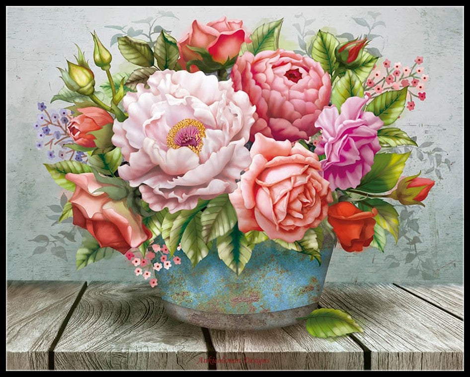 Flowers in the Bucket - Counted Cross Stitch Patterns Embroidery Crafts Needlework DIY Chart DMC Color