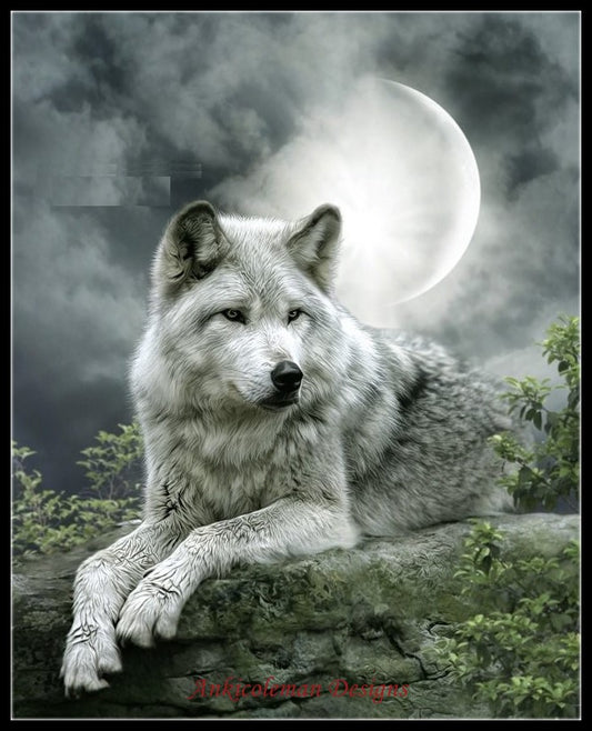 Night Wolf - Counted Cross Stitch Patterns Embroidery Crafts Needlework DIY Chart DMC Color