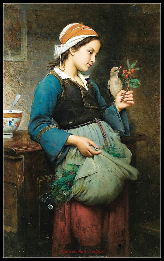 Young Girl with a Bird - Counted Cross Stitch Patterns Embroidery Crafts Needlework DIY Chart DMC Color