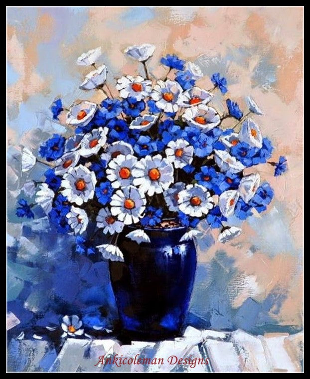 Chrysanthemum in Blue Vase - Counted Cross Stitch Patterns Embroidery Crafts Needlework DIY Chart DMC Color