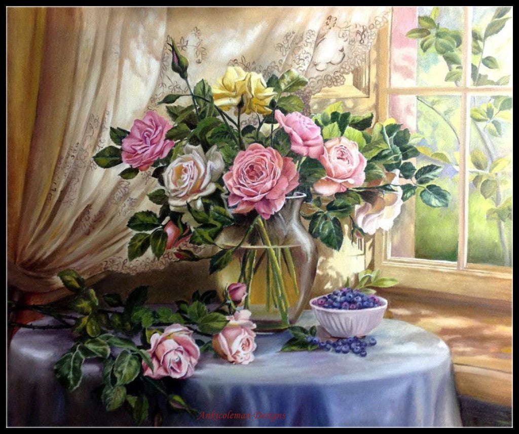 Still life with Roses III - Counted Cross Stitch Patterns Embroidery Crafts Needlework DIY Chart DMC Color