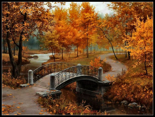 Autumn Scenic Bridge - Counted Cross Stitch Patterns Embroidery Crafts Needlework DIY Chart DMC Color