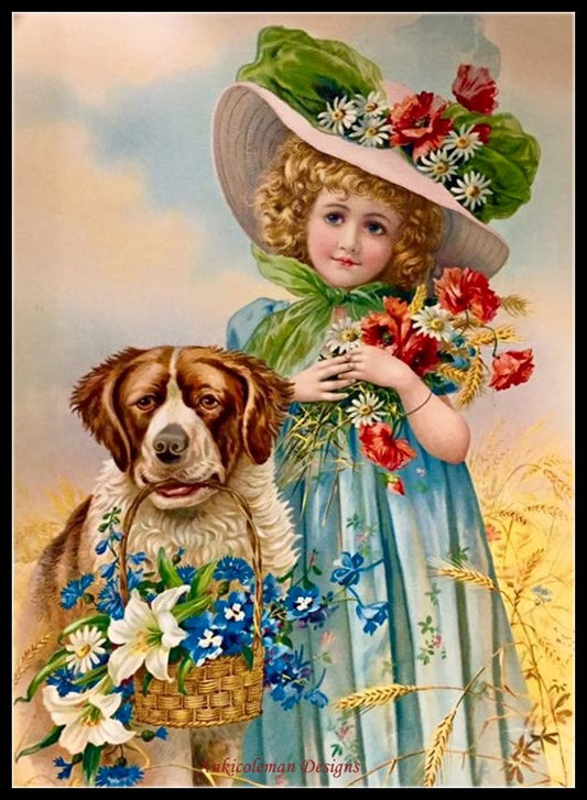 Girl with her Saint Bernard Dog and Flowers - Counted Cross Stitch Patterns Embroidery Crafts Needlework DIY Chart DMC Color