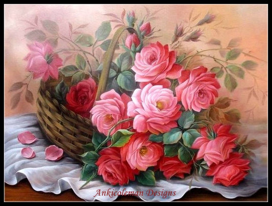 Basket of Roses - Counted Cross Stitch Patterns Embroidery Crafts Needlework DIY Chart DMC Color