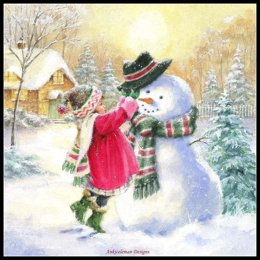 Girl with Snowman 4 - Counted Cross Stitch Patterns Embroidery Crafts Needlework DIY Chart DMC Color