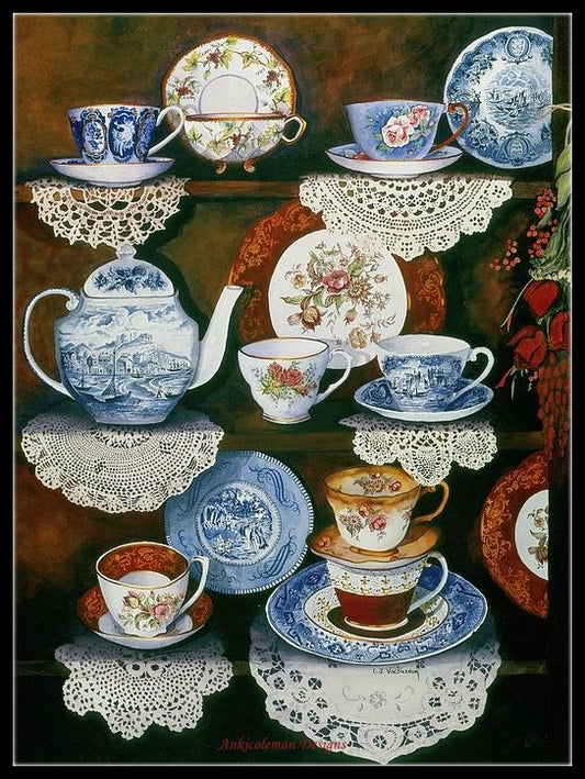 Teacups On Shelves - Counted Cross Stitch Patterns Embroidery Crafts Needlework DIY Chart DMC Color