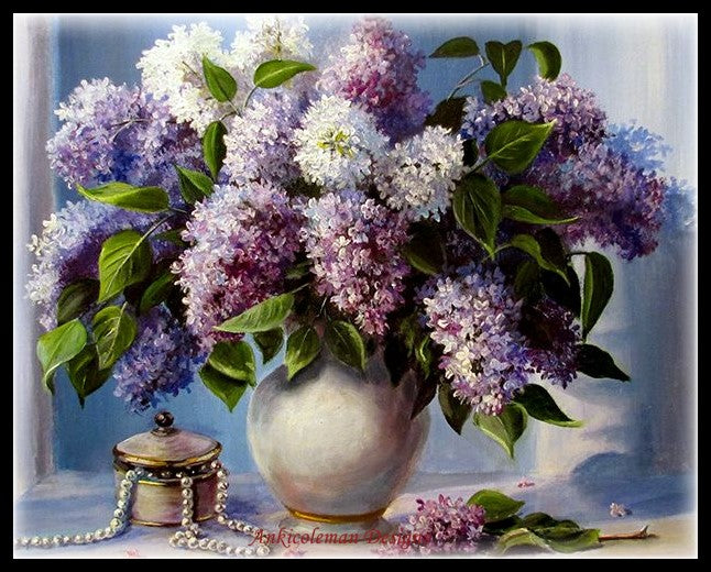 Lilac Vase and Jewelry - Counted Cross Stitch Patterns Embroidery Crafts Needlework DIY Chart DMC Color