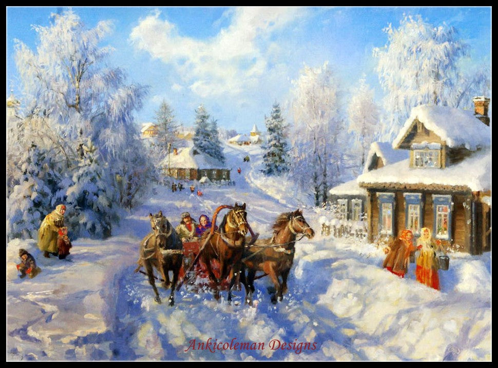 Troika running on snow - Counted Cross Stitch Patterns Embroidery Crafts Needlework DIY Chart DMC Color