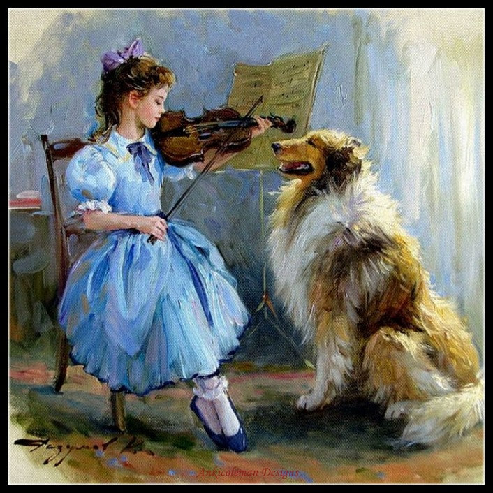 Girl Playing Music - Counted Cross Stitch Patterns Embroidery Crafts Needlework DIY Chart DMC Color