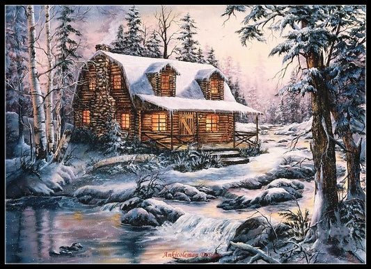 Cabin in Snow - Counted Cross Stitch Patterns Embroidery Crafts Needlework DIY Chart DMC Color