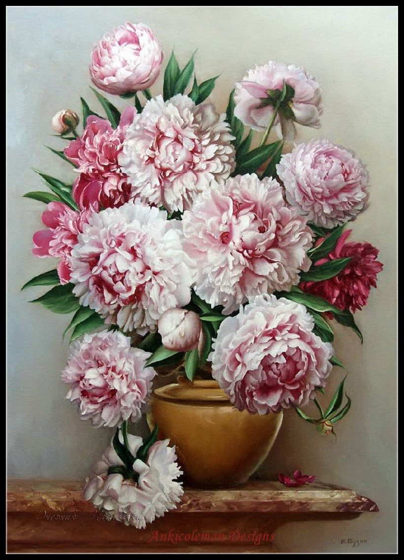 Peony Flowers 2 - Counted Cross Stitch Patterns Embroidery Crafts Needlework DIY Chart DMC Color