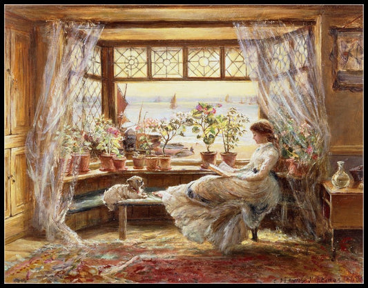 Reading by the Window - Counted Cross Stitch Patterns Embroidery Crafts Needlework DIY Chart DMC Color