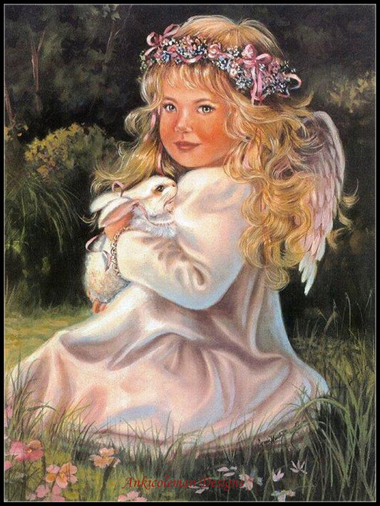 Angel with Bunny - Counted Cross Stitch Patterns Embroidery Crafts Needlework DIY Chart DMC Color