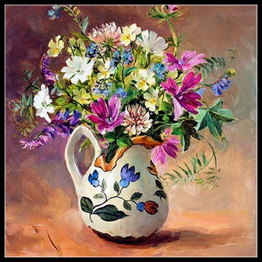 Summer Flowers in Vase 1 - Counted Cross Stitch Patterns Embroidery Crafts Needlework DIY Chart DMC Color