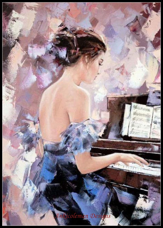 Girl playing the Piano - Counted Cross Stitch Patterns Embroidery Crafts Needlework DIY Chart DMC Color