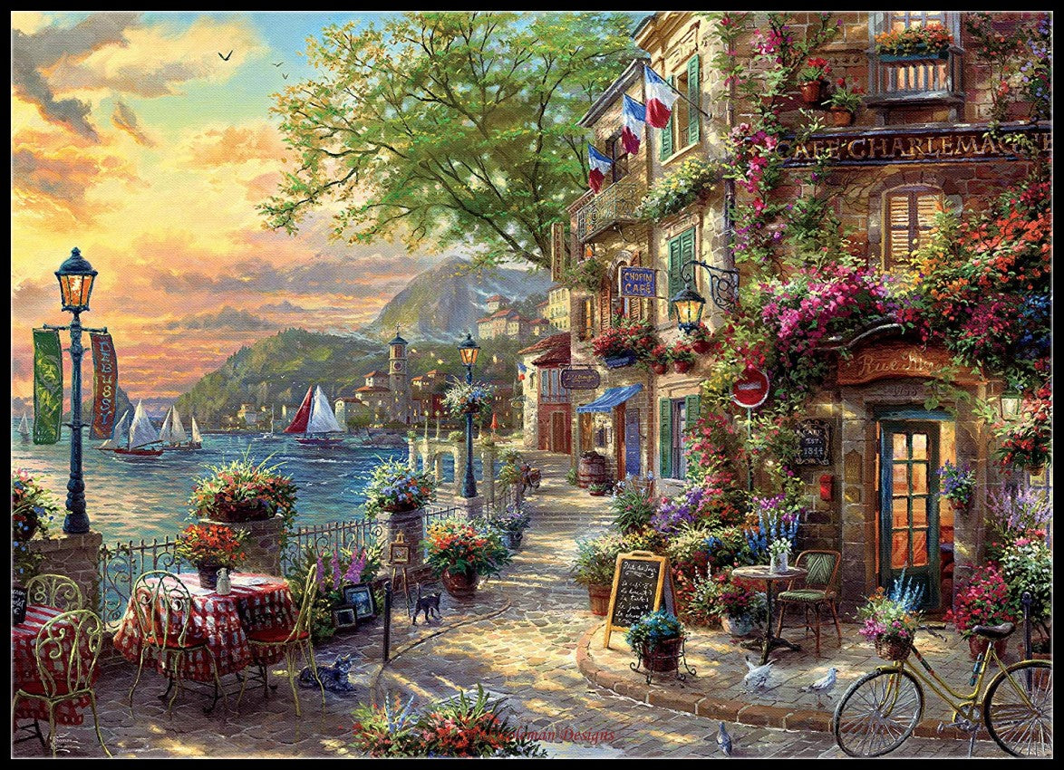 French Riviera Cafe - Counted Cross Stitch Patterns Embroidery Crafts Needlework DIY Chart DMC Color